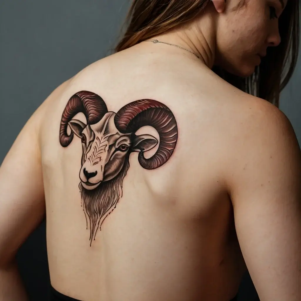 Tattoo of a detailed ram's head with prominent curled horns, shaded in black and red, located on the upper back.