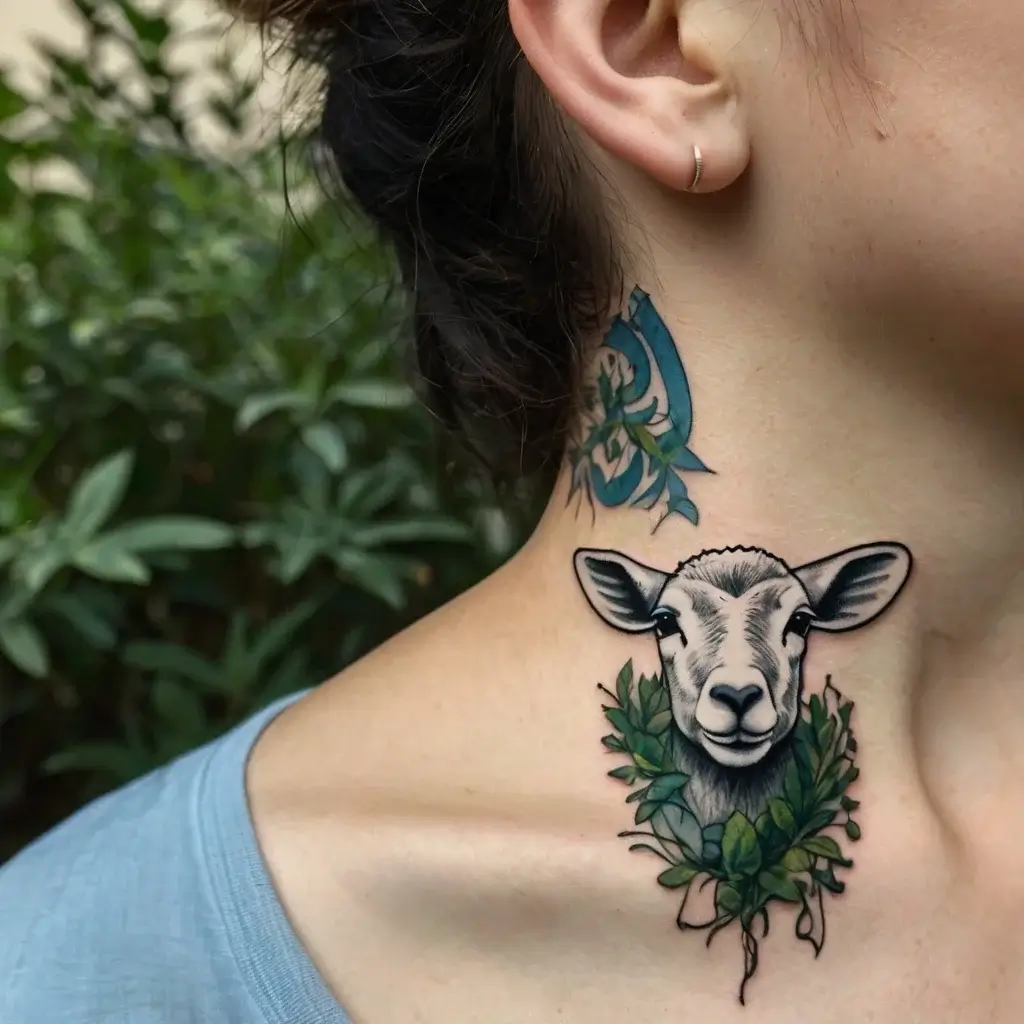 A lamb's head tattoo framed by lush green leaves, detailed in black and gray, sits on the neck for a serene look.