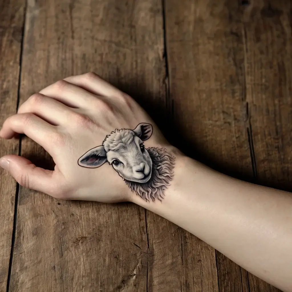 Realistic sheep head tattoo on wrist, showcasing soft shading and intricate detail against a wooden background.