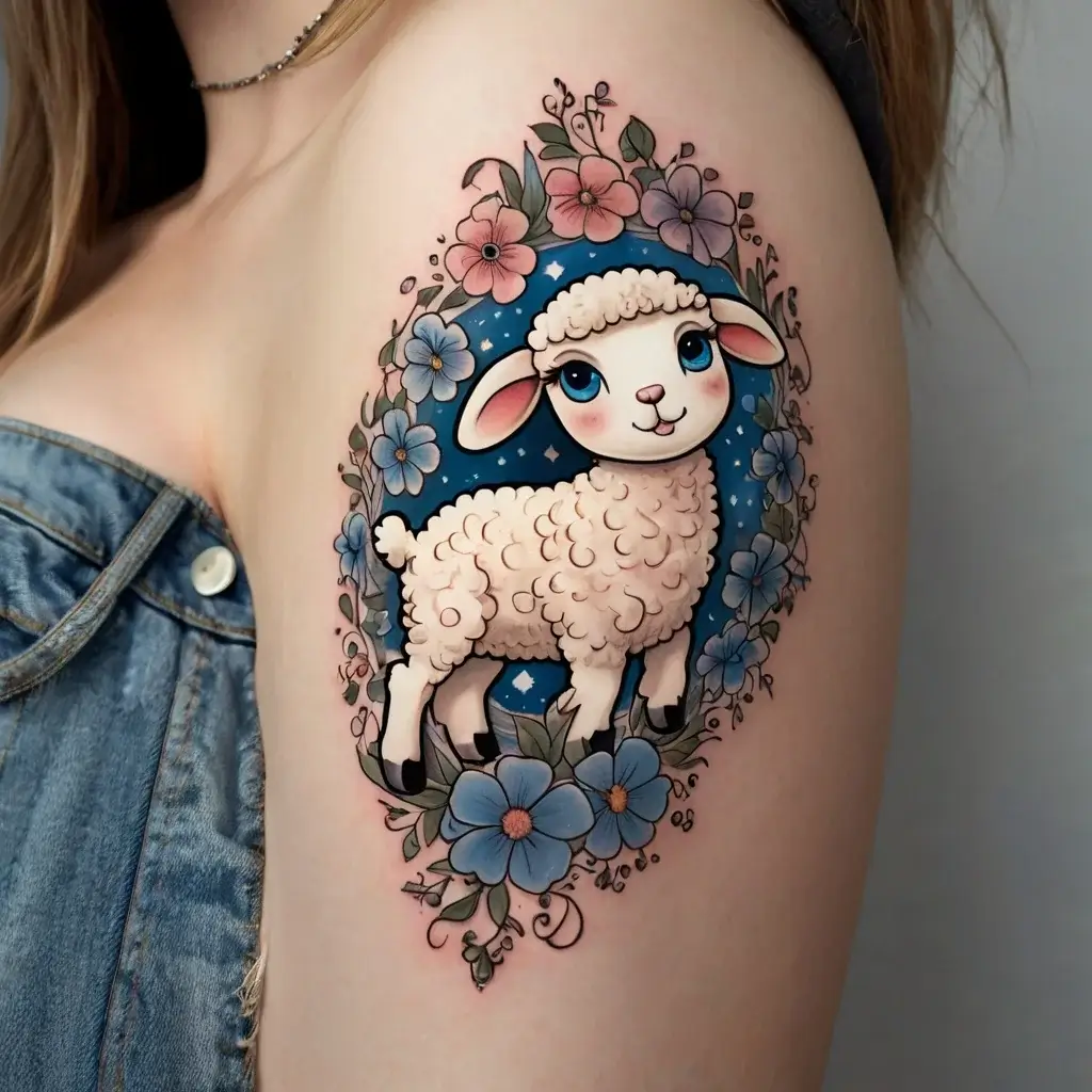 Cute lamb tattoo with pastel pink and blue flowers, set against a starry sky background, creating a whimsical charm.