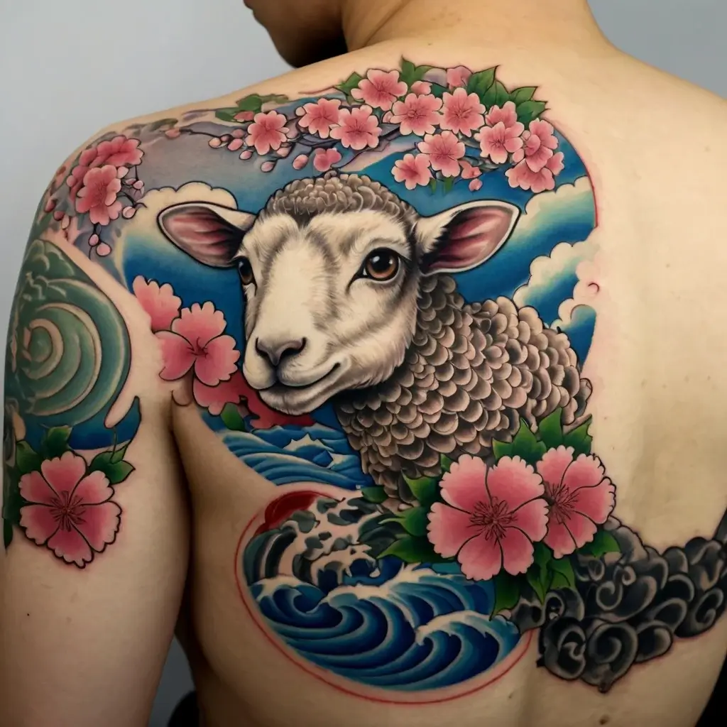 Tattoo of a sheep framed by cherry blossoms and waves, featuring vibrant blues and pinks.