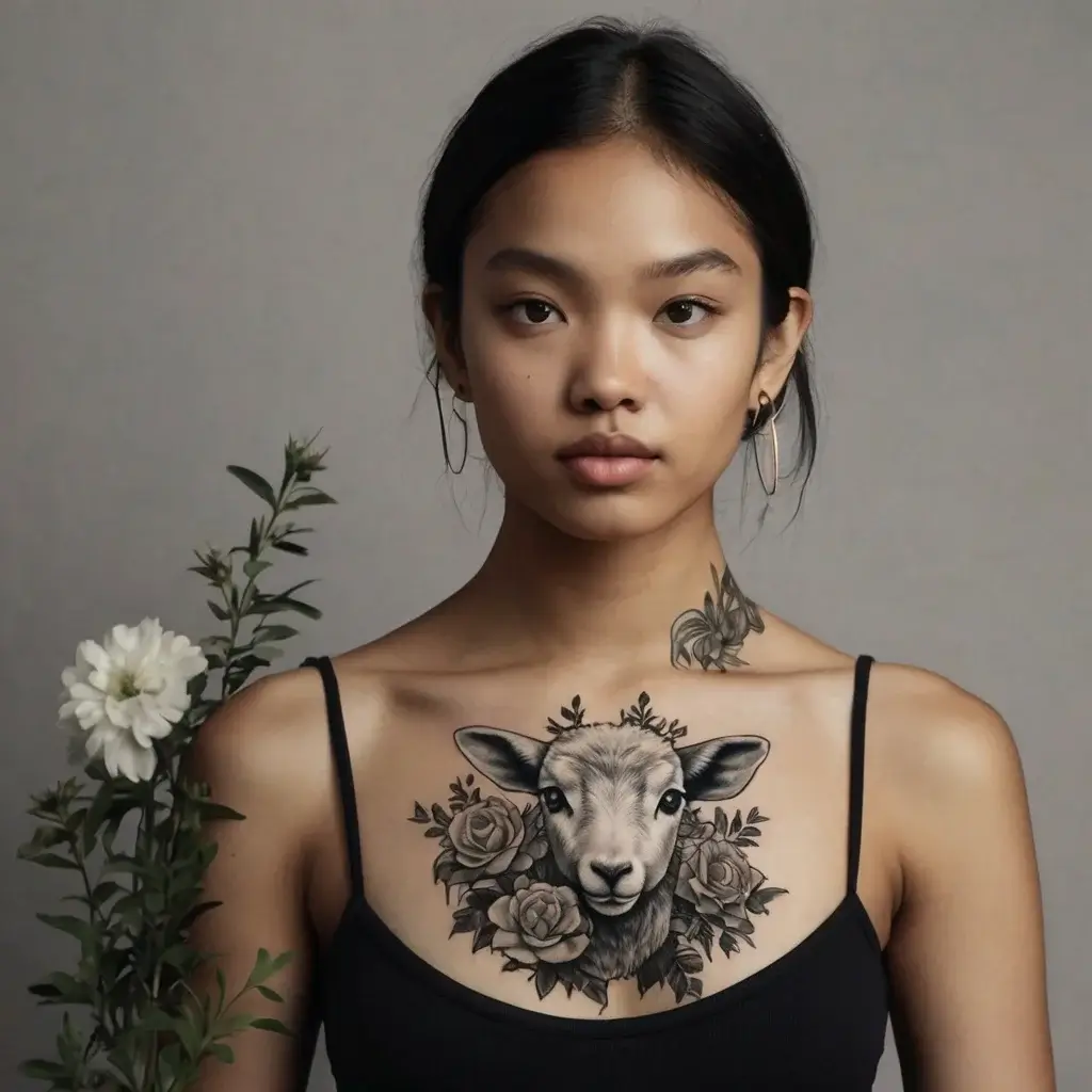 Black and gray chest tattoo of a lamb surrounded by roses and leaves, showcasing intricate shading and detail.