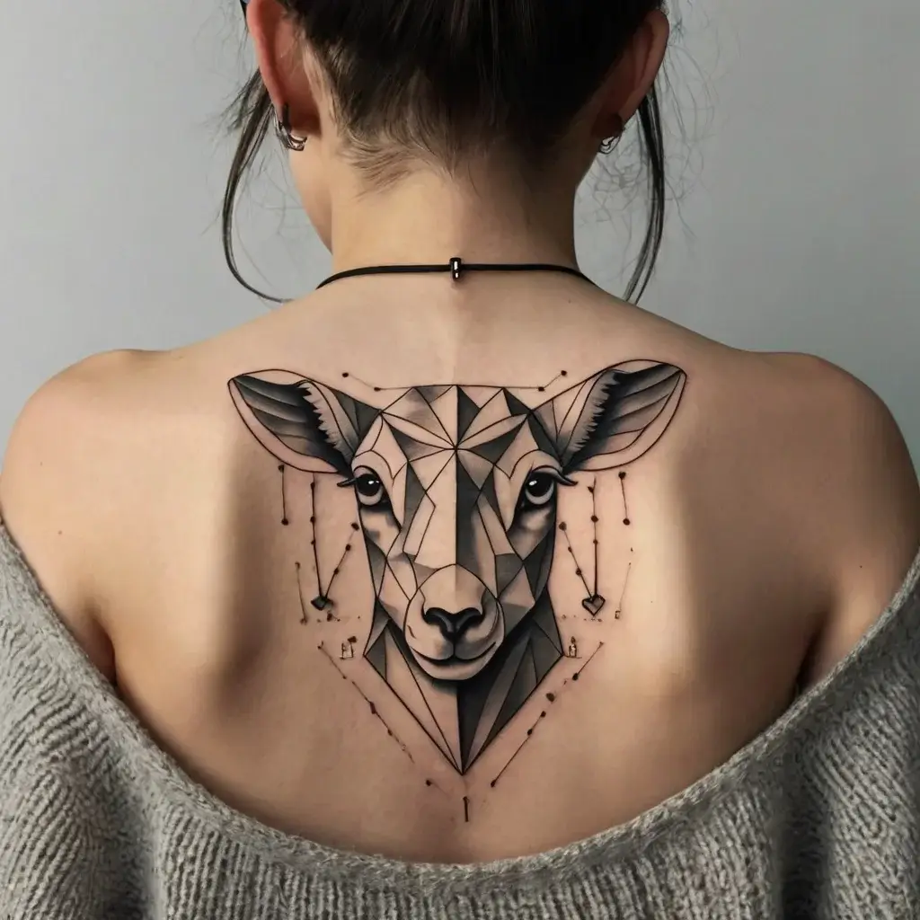 Geometric deer tattoo on back with intricate polygonal patterns, accented by lines and dots for a modern, artistic style.