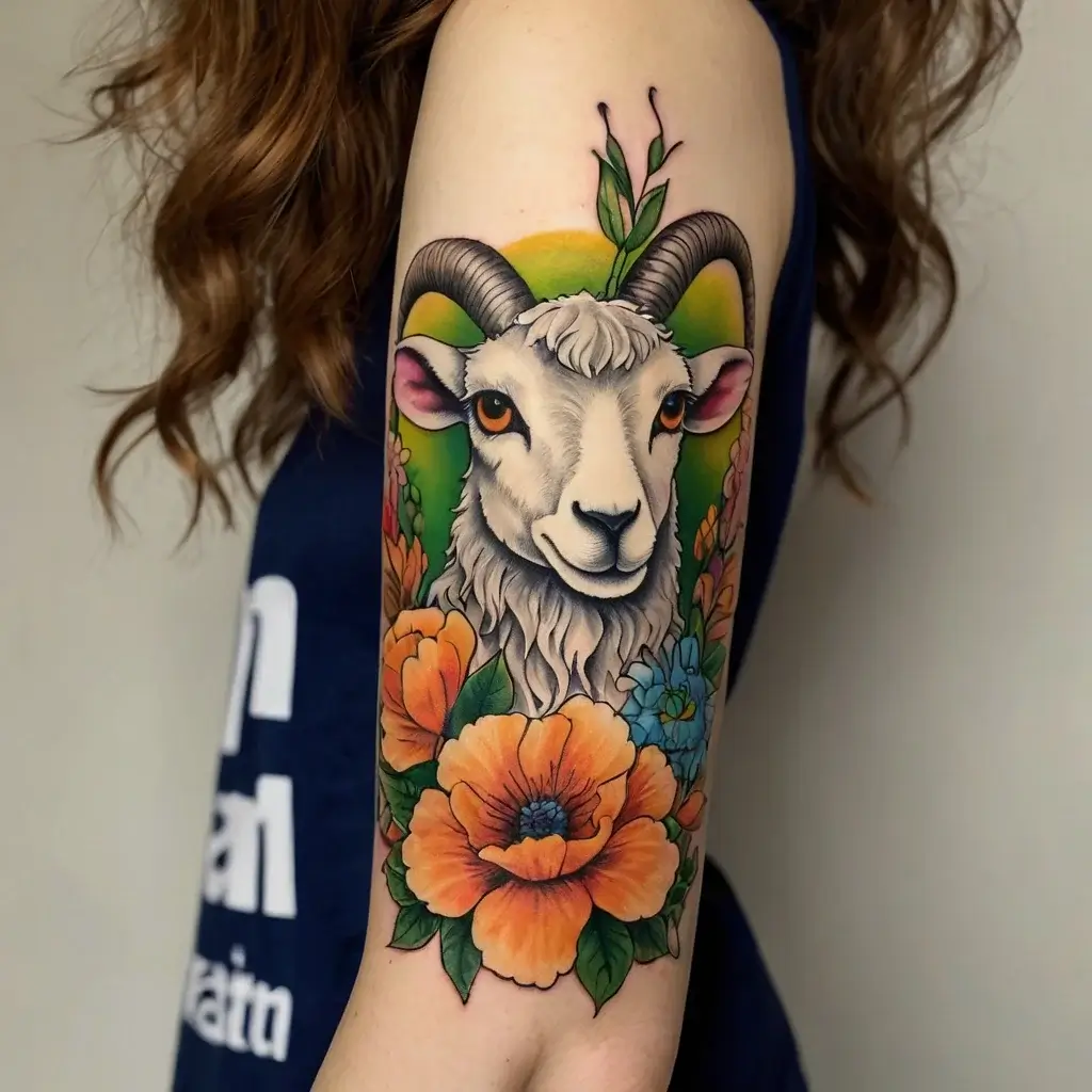 Colorful goat tattoo with vibrant flowers and green background, blending realism and traditional styles on the upper arm.