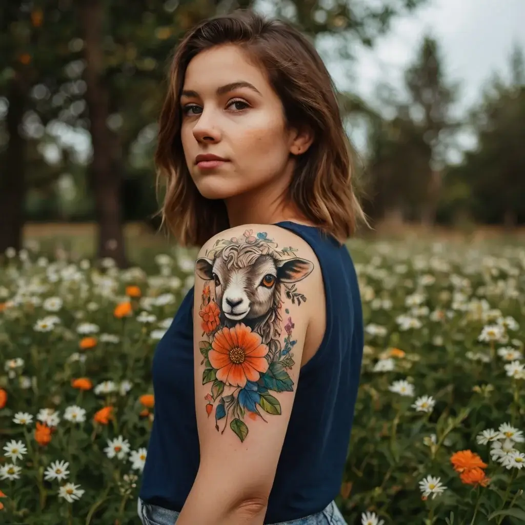 Tattoo of a lamb surrounded by vibrant orange flowers and green leaves, blending realism with a touch of whimsy.