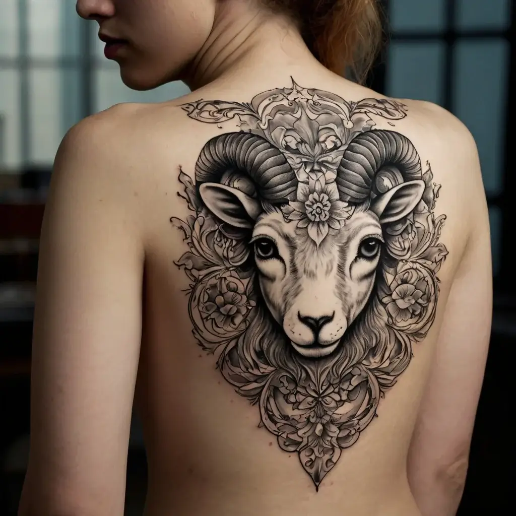 Detailed ram tattoo on back, featuring ornate horns and floral embellishments, blending nature and intricate linework.