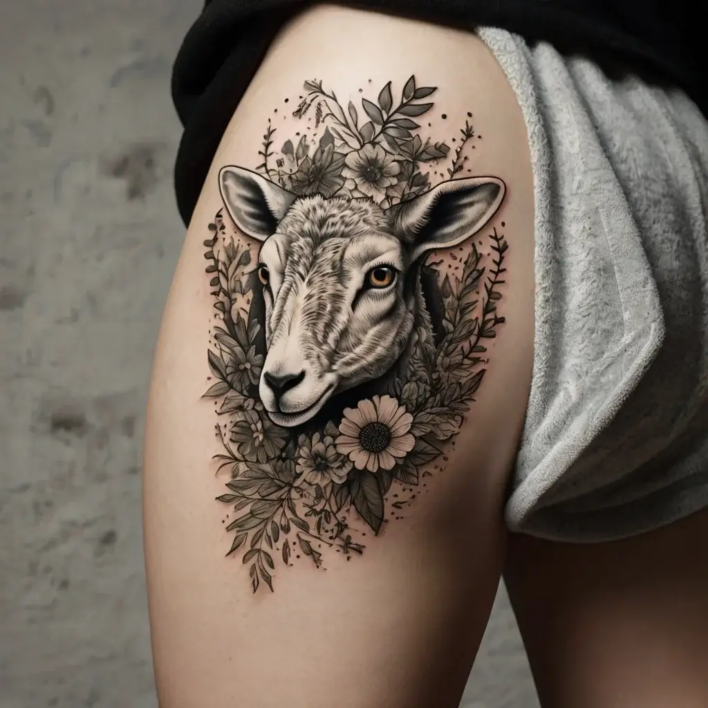 Tattoo of a realistic sheep's head surrounded by detailed black and grey flowers and leaves on the thigh.