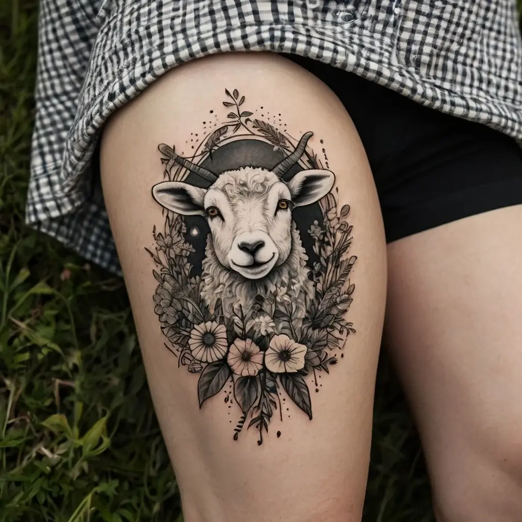 A detailed black and gray tattoo of a ram surrounded by flowers and leaves on the thigh, showcasing intricate shading.