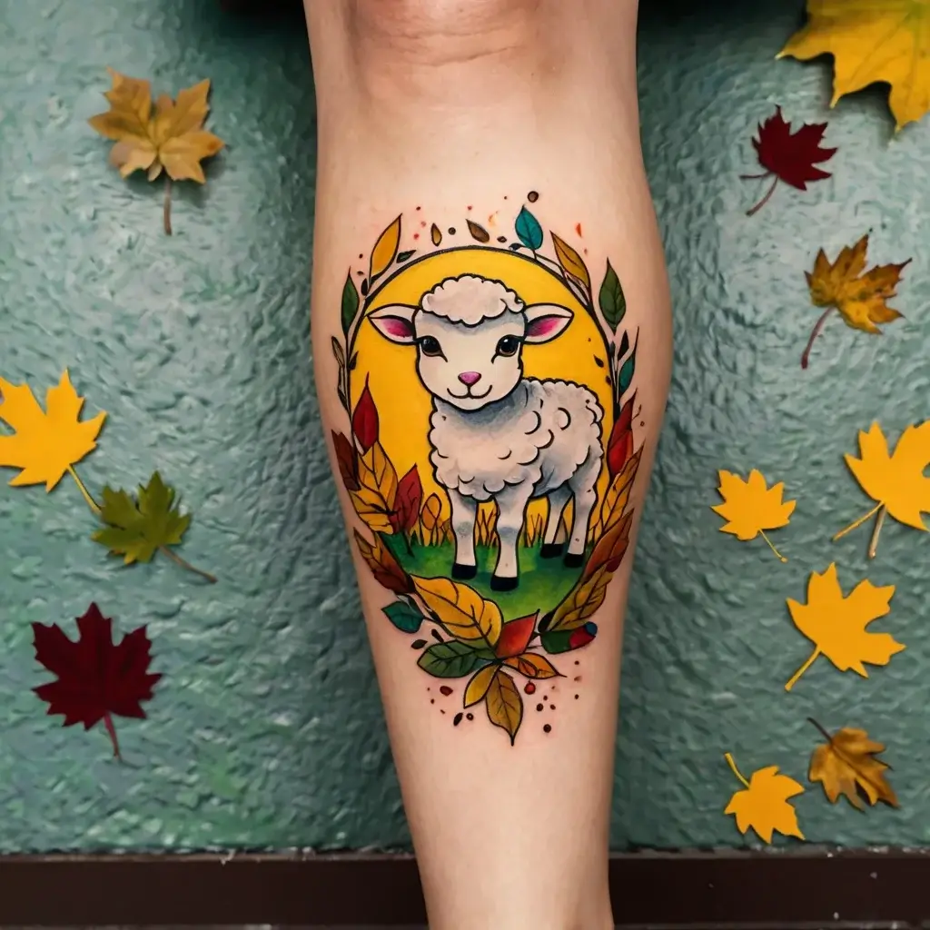 Colorful tattoo of a lamb within a yellow circle, surrounded by autumn leaves, blending realism with a vibrant cartoon style.