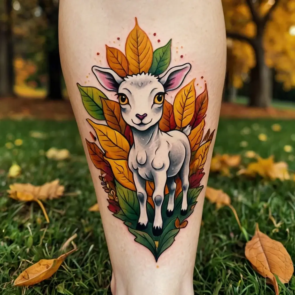 Tattoo of a cute lamb surrounded by vibrant autumn leaves, featuring bold outlines and rich colors on the calf.