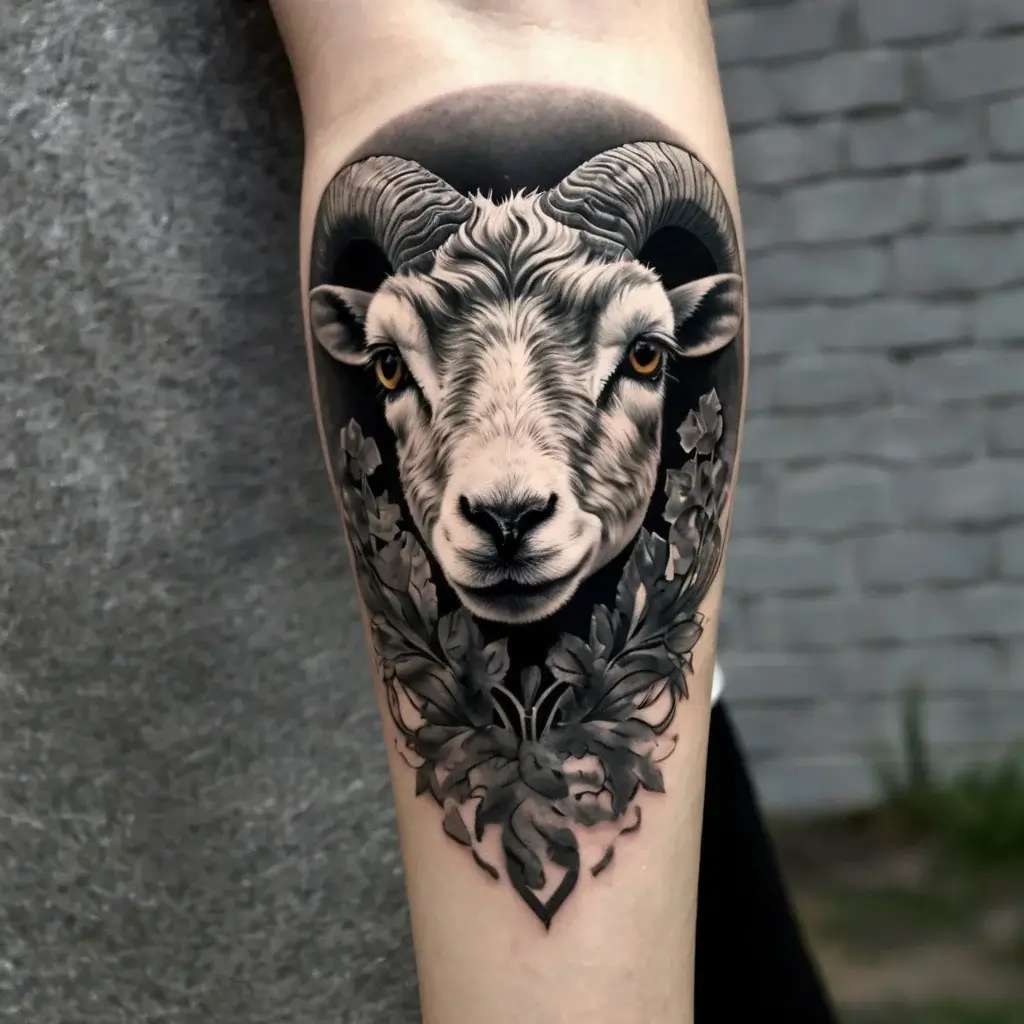 Tattoo of a ram’s head in grayscale, surrounded by intricate floral patterns, symbolizing strength and nature.