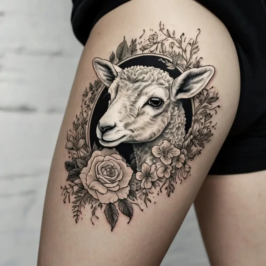 A realistic sheep's head surrounded by intricate floral designs, including roses and leaves, on the upper thigh.