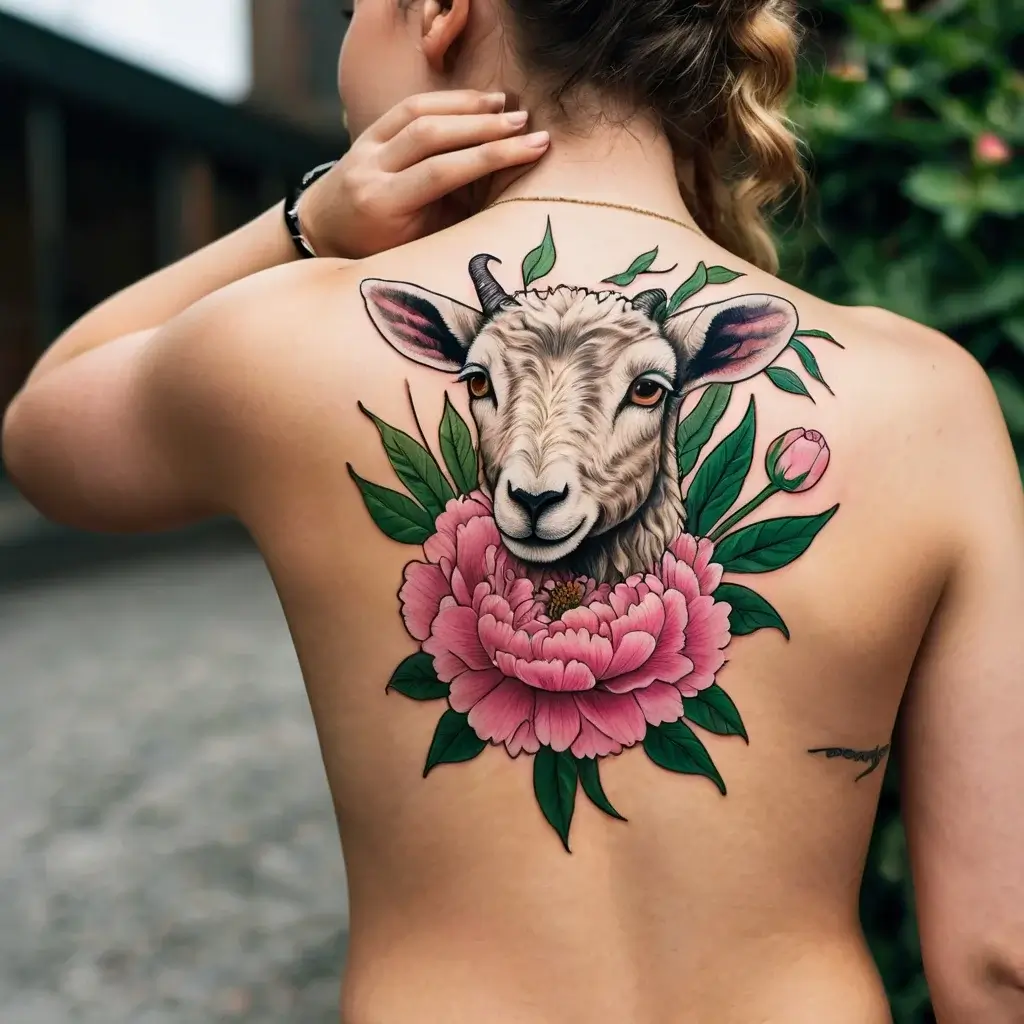 Realistic sheep head with pink peony flowers and green leaves, detailed and vibrant on the upper back.