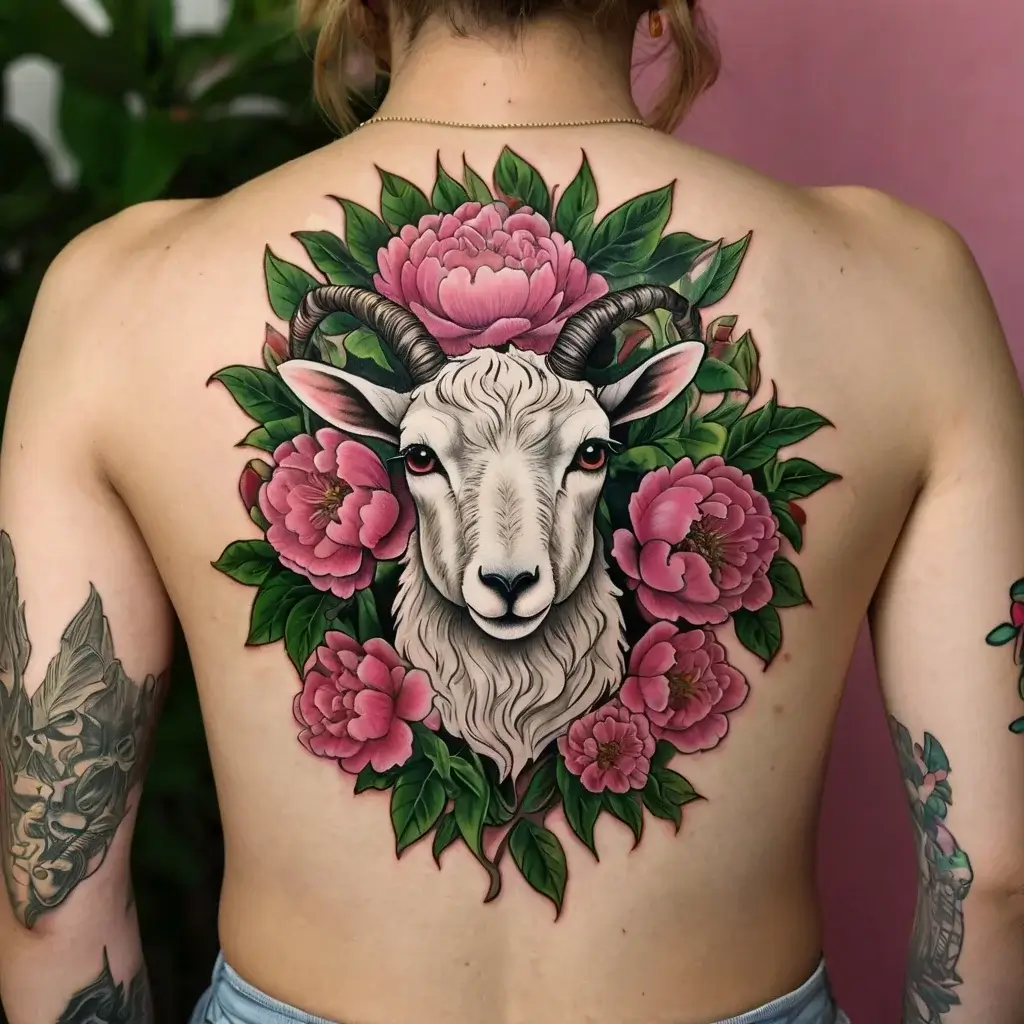 Goat head with detailed horns, surrounded by vibrant pink peonies and lush green leaves, tattooed on the back.