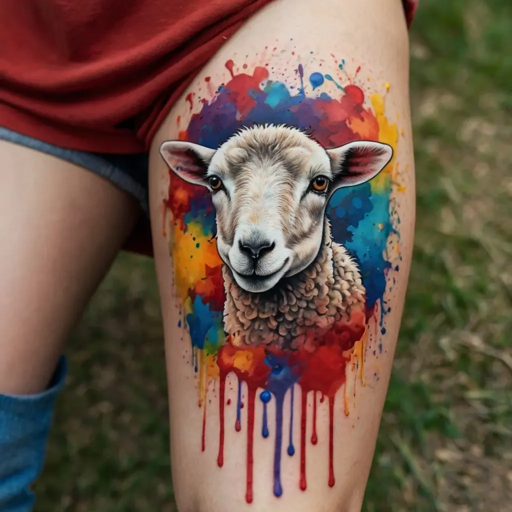 A realistic sheep's head is surrounded by vibrant splashes of color, blending blues, reds, and yellows with dripping effects.