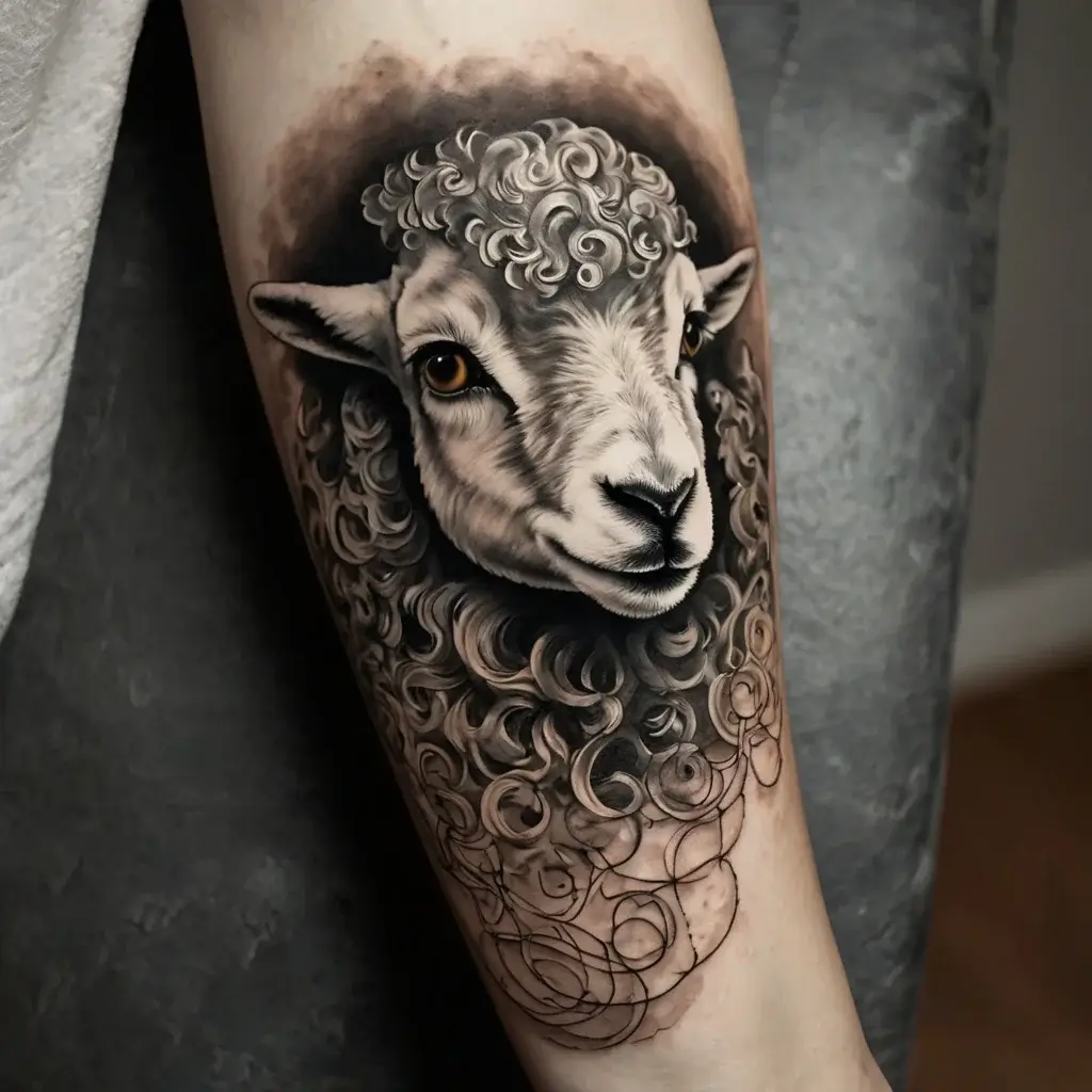 Realistic sheep tattoo with detailed curly wool, shaded in monochrome, flowing gracefully down the forearm.