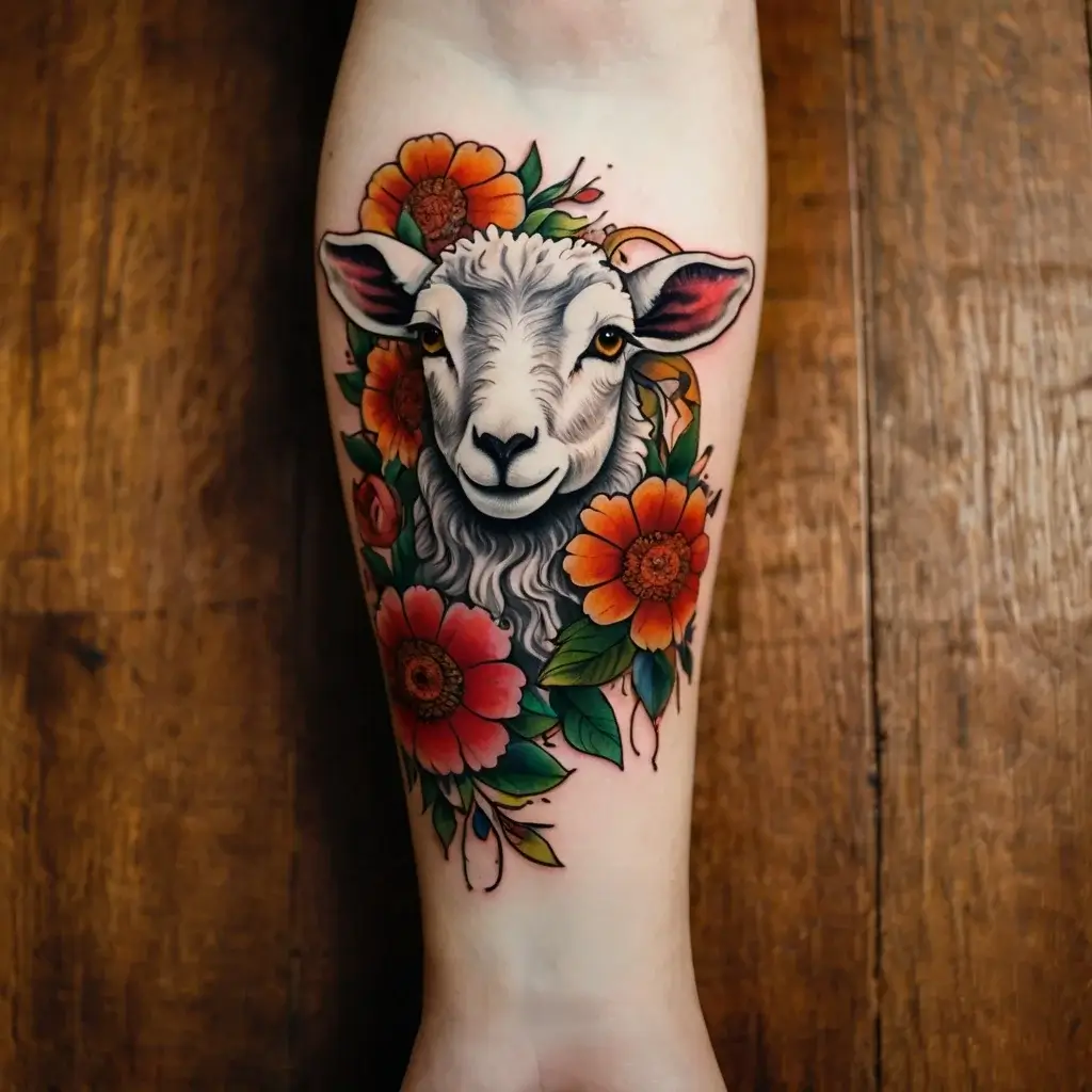 A vibrant tattoo featuring a realistic sheep surrounded by vivid orange flowers and green leaves on an arm.