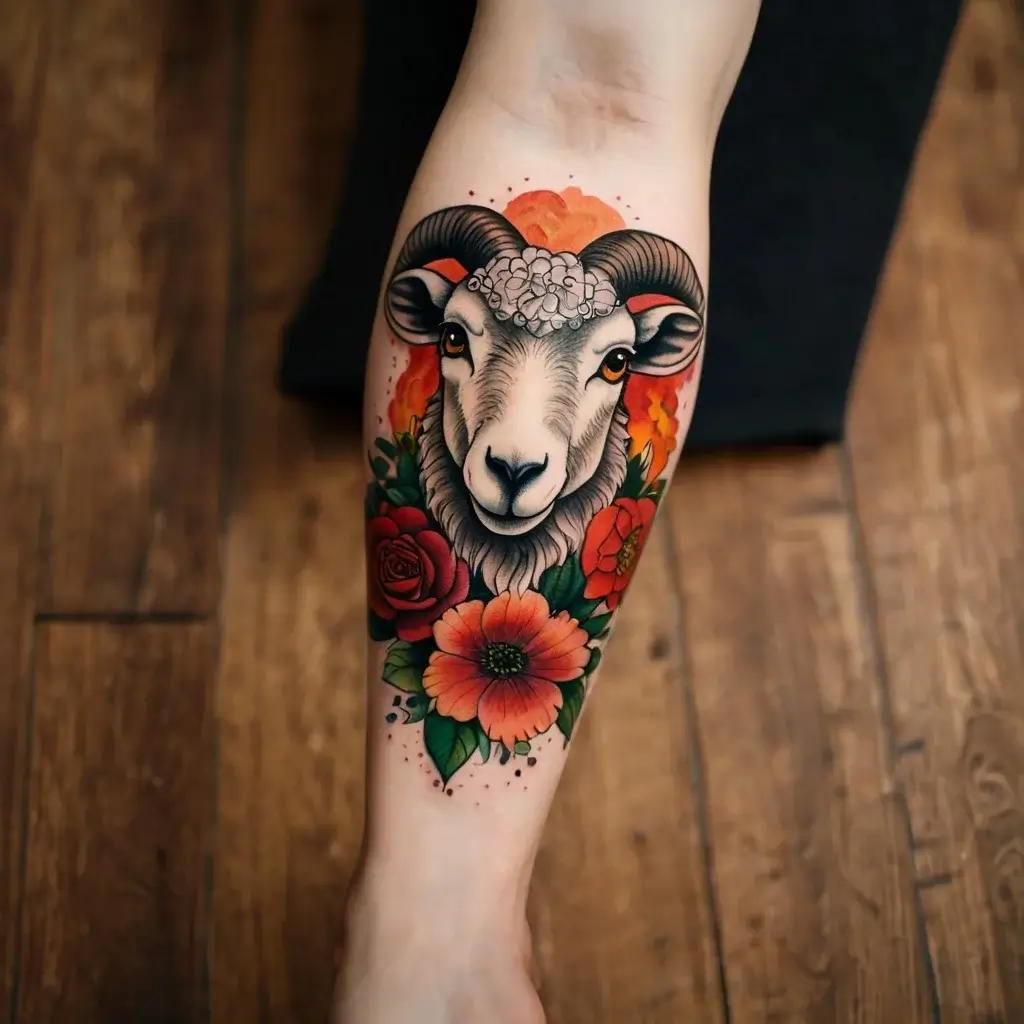 Tattoo of a detailed ram's head surrounded by vibrant red and orange flowers on a forearm.