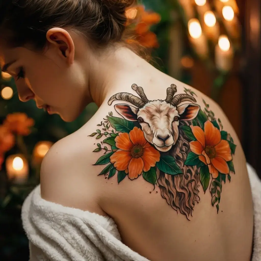 Tattoo of a goat with detailed horns, surrounded by vibrant orange flowers and green leaves on the upper back.