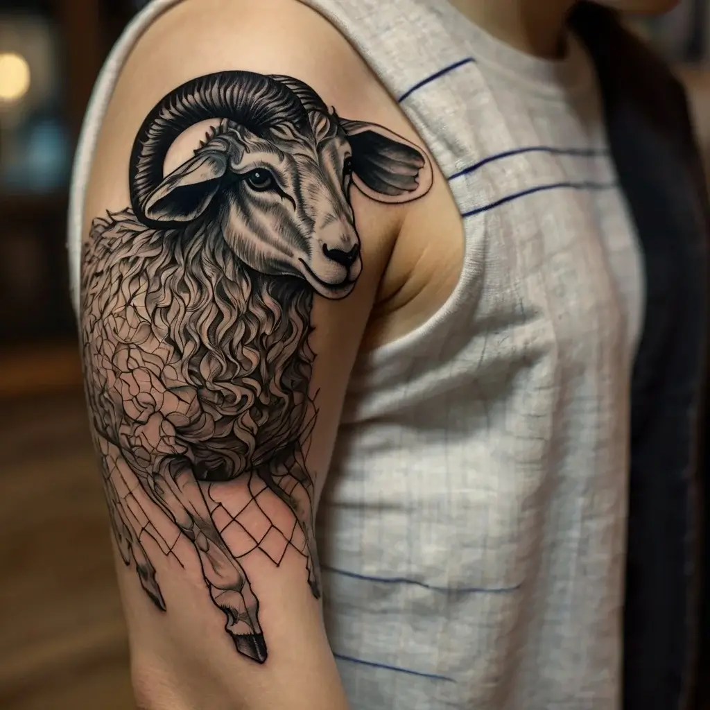 Tattoo of a detailed ram with geometric patterns on the upper arm, showcasing intricate linework and shading.