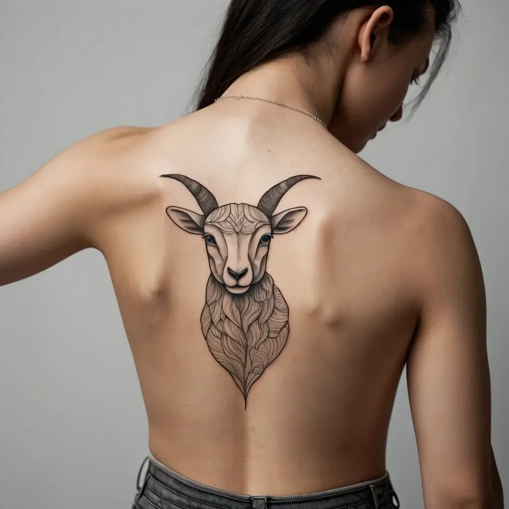 Geometric goat tattoo on the back, featuring intricate line work and shading for depth and dimension.