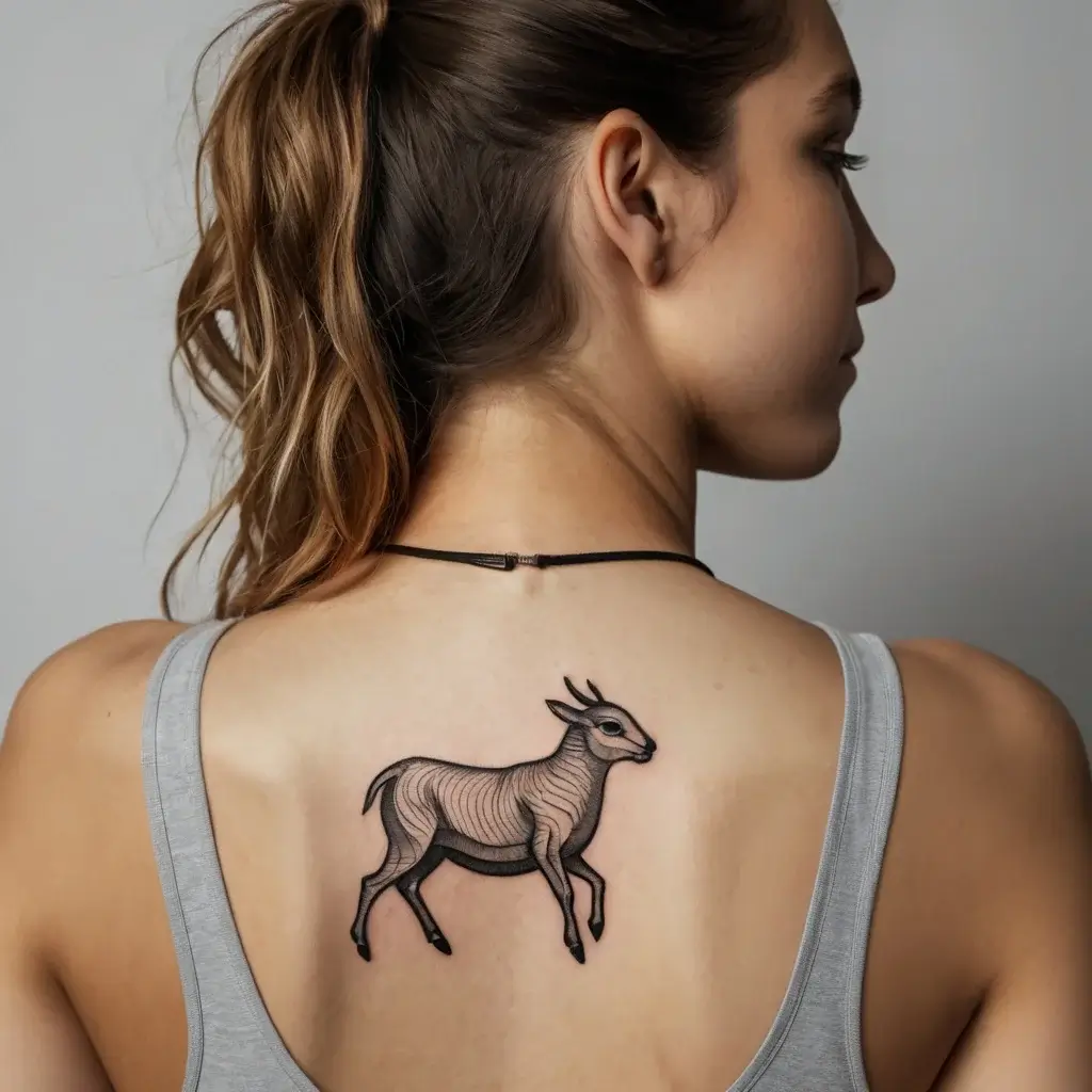 Intricate linework tattoo of a stylized goat on the upper back, blending realism and abstract art forms.