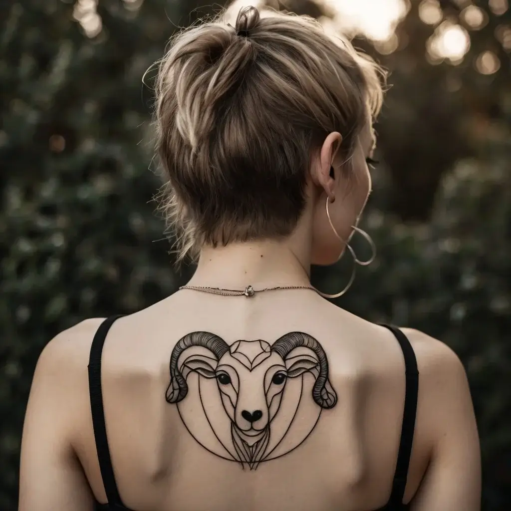 Stylized ram tattoo with geometric lines and detailed horns, centered on the upper back.