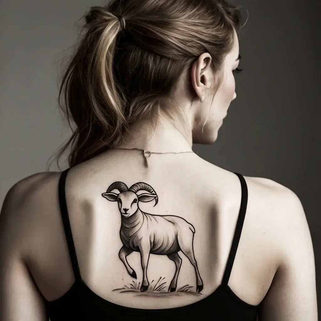 Back tattoo of a detailed ram, symbolizing strength and determination, with intricate horn shading on bare skin.