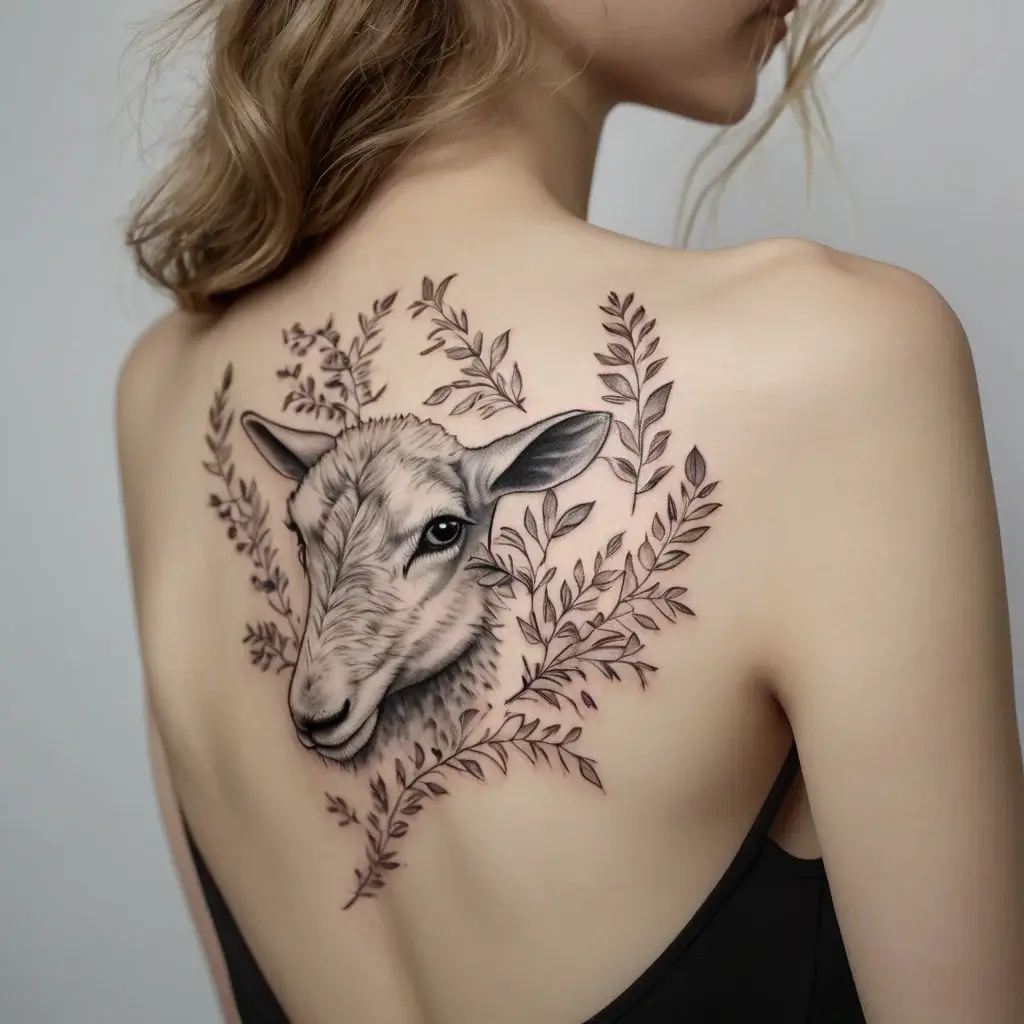 Intricate sheep tattoo on back, framed by delicate leafy vines, showcasing fine line work for a natural, serene look.