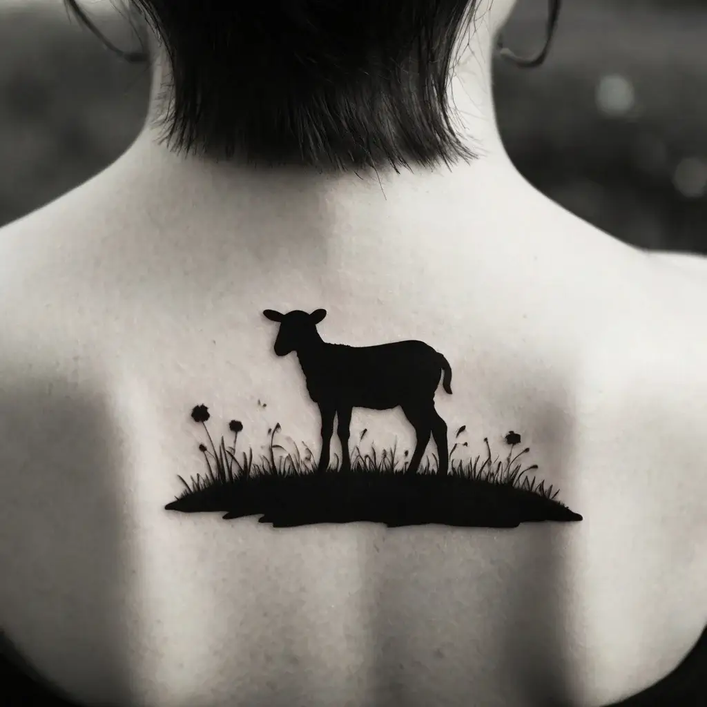 Silhouette tattoo of a lamb standing on a grassy hill, adorned with delicate flowers, symbolizing innocence and nature.