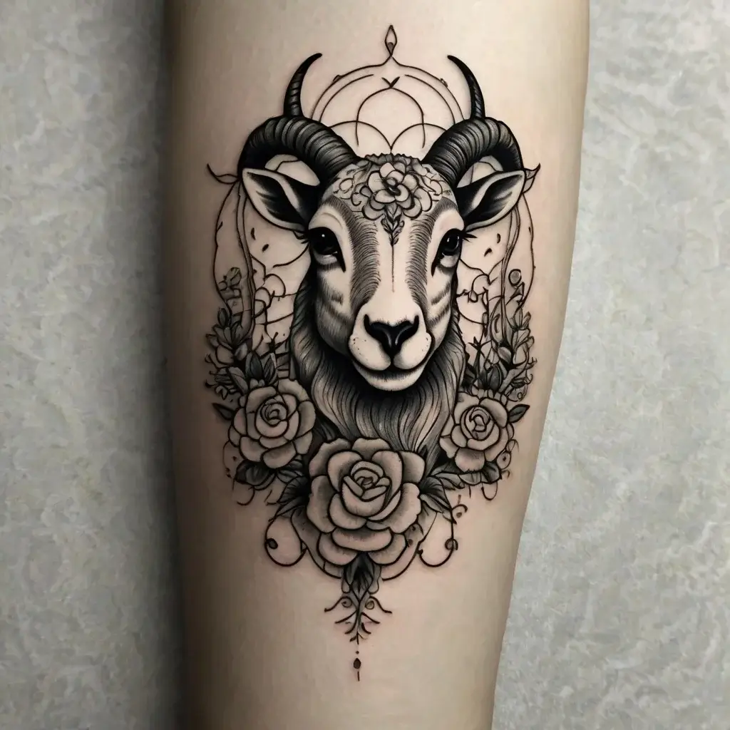 Intricate goat head tattoo with ornate horns, framed by roses and geometric shapes, blending nature and symbolism.