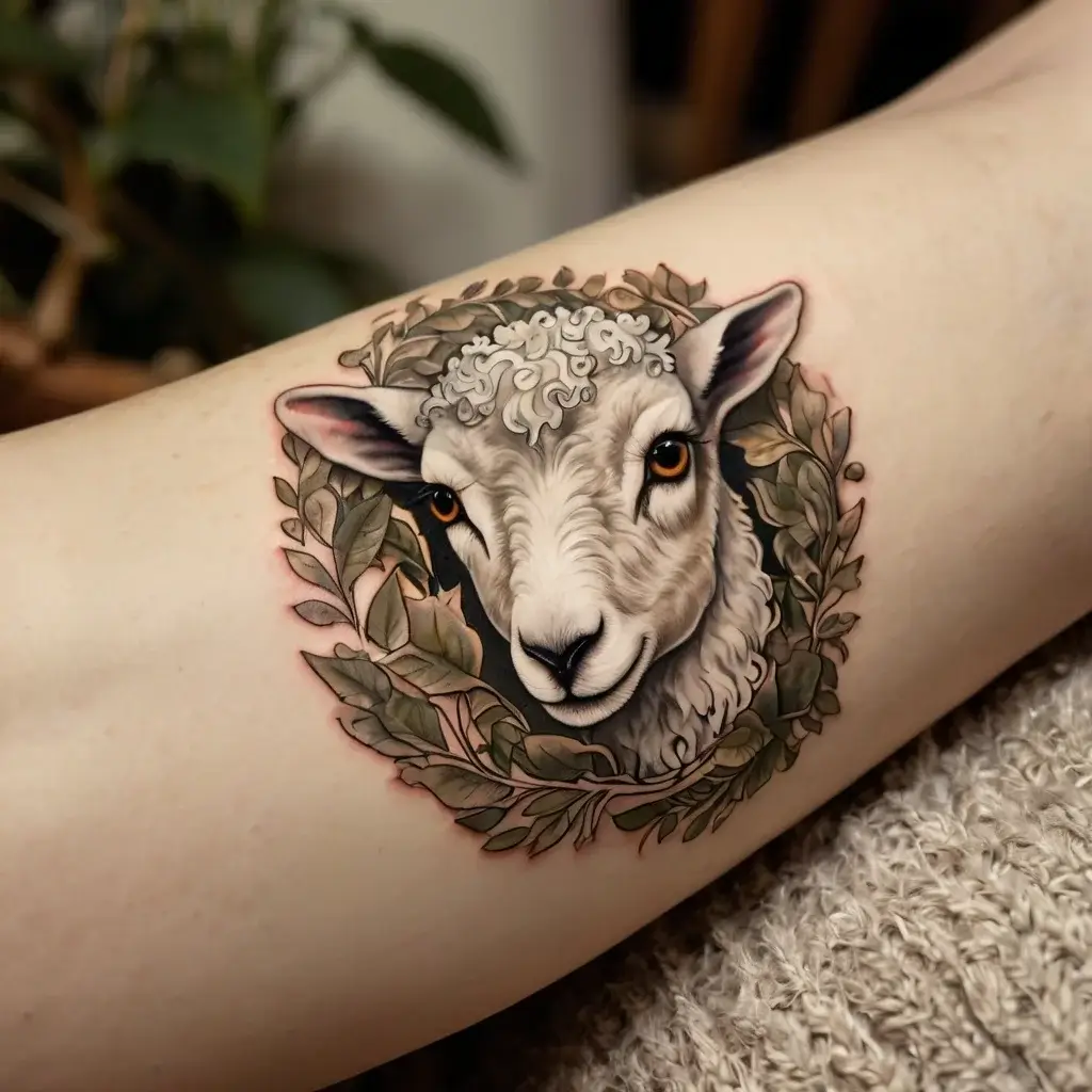 Realistic sheep head tattoo encircled by detailed green and brown leaves, capturing nature and serenity on the forearm.