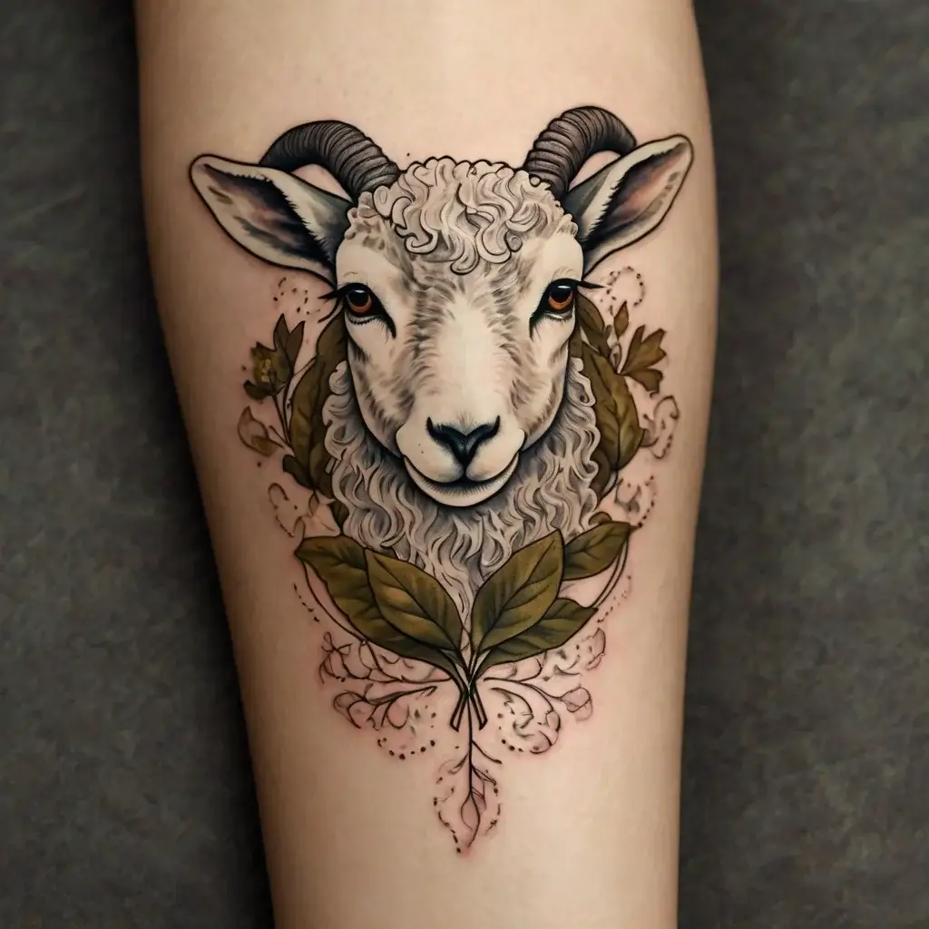 Tattoo of a ram's head with detailed horns and curly wool, surrounded by green leaves and intricate linework.