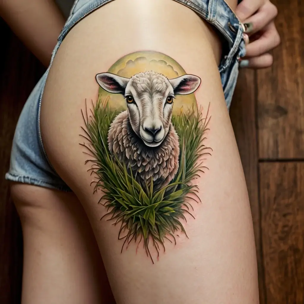 Realistic sheep tattoo with bright eyes, surrounded by lush grass and a warm, glowing sunset behind the head.