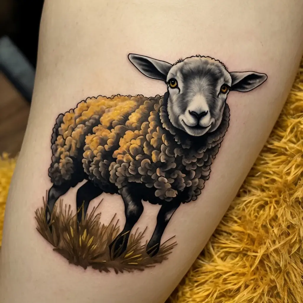 Realistic sheep tattoo with textured wool in earthy tones, standing on grass, giving a lifelike and serene impression.