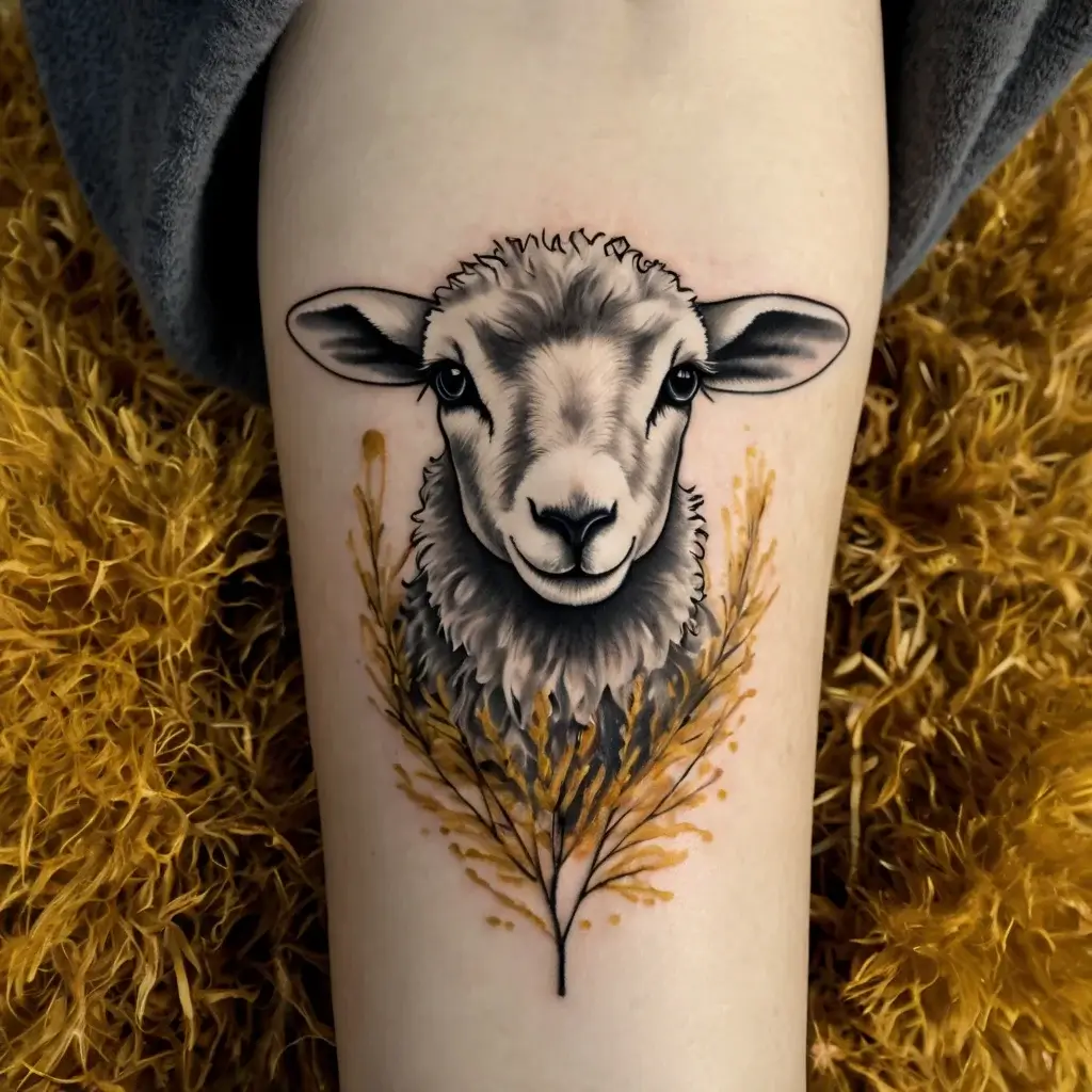 Realistic sheep head tattoo with soft shading, placed above a delicate yellow botanical design on the skin.