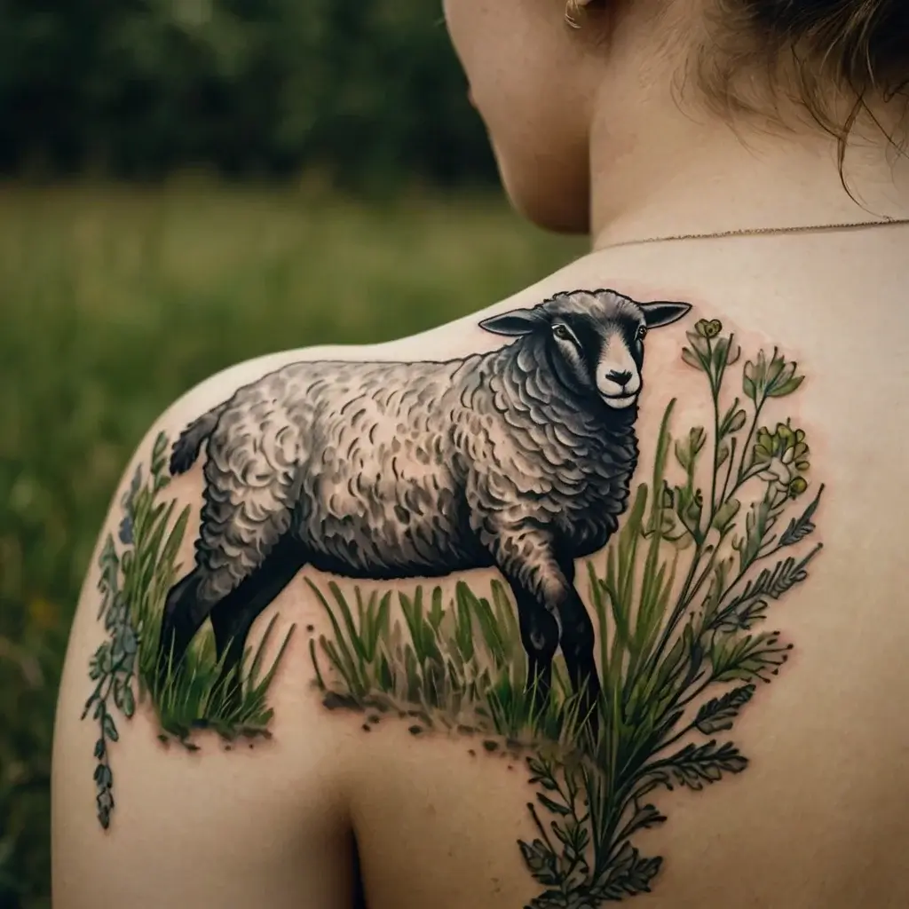 Realistic sheep tattoo on the shoulder, surrounded by detailed grasses and wildflowers, evoking pastoral serenity.