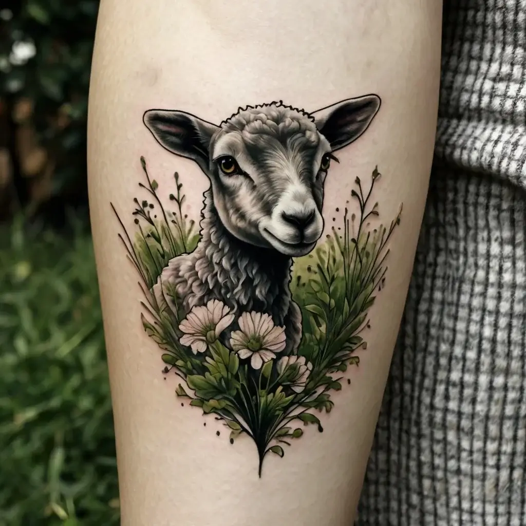 Realistic lamb tattoo surrounded by detailed greenery and flowers, showcasing vibrant colors and intricate shading.