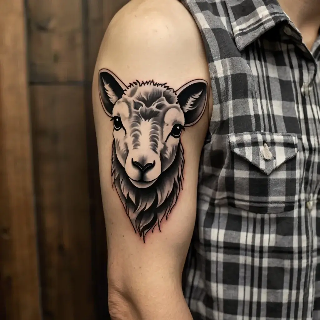 Tattoo of a detailed sheep head on the upper arm, featuring bold black lines and shaded fur for depth and realism.