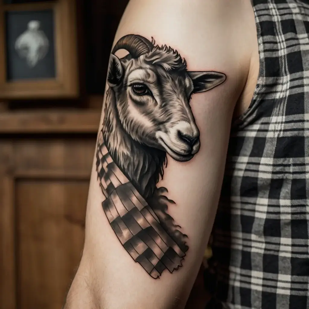 Tattoo of a realistic ram's head with detailed shading and geometric elements on the upper arm.