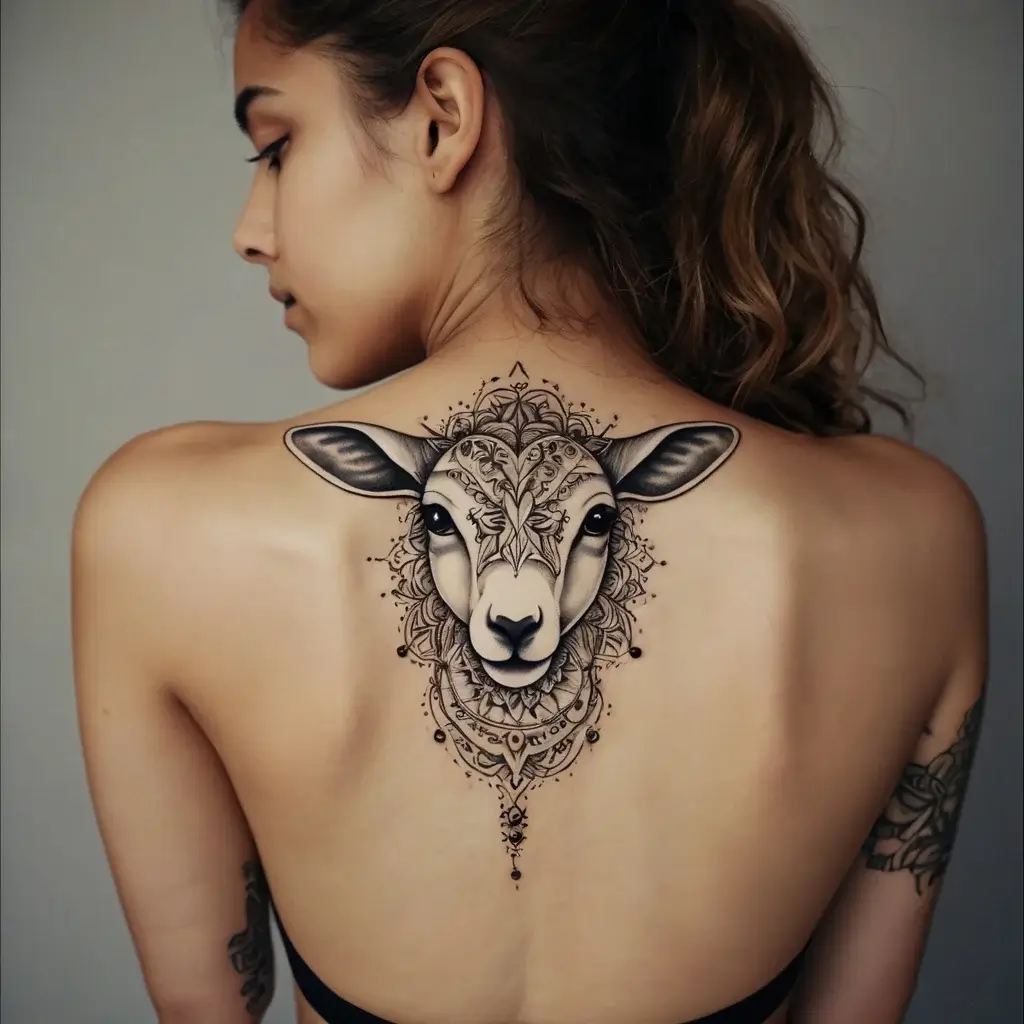 Intricate lamb tattoo with ornamental mandala details, artistically centered on the upper back for a striking effect.