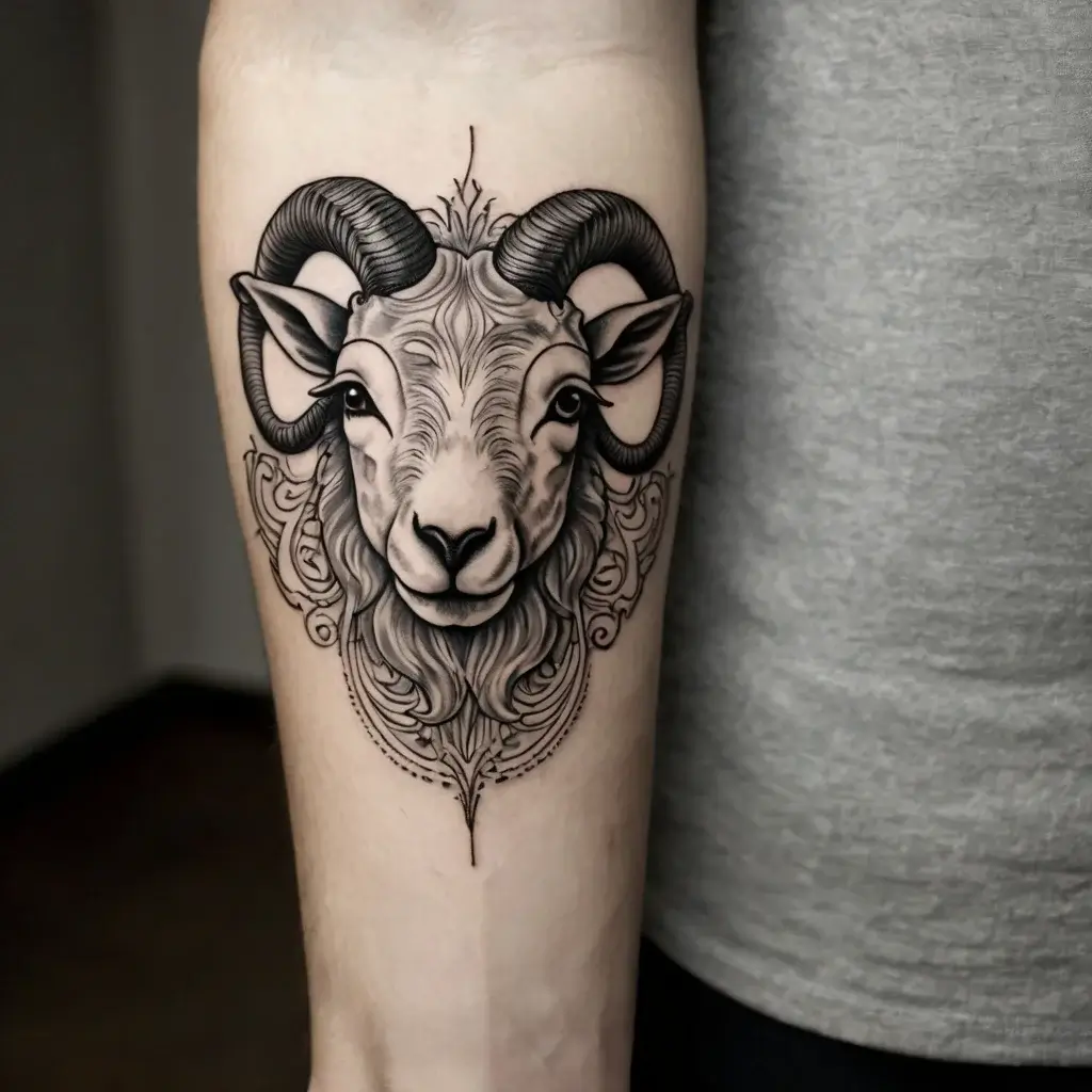 Tattoo depicts a detailed ram's head with ornate, swirling patterns, highlighting its majestic horns and textured fur.