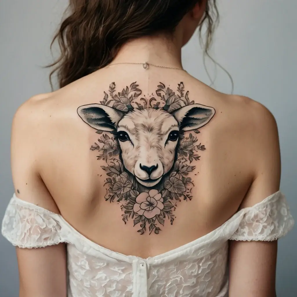 Tattoo of a lamb's face surrounded by intricate floral patterns on a woman's back, symbolizing innocence and nature.