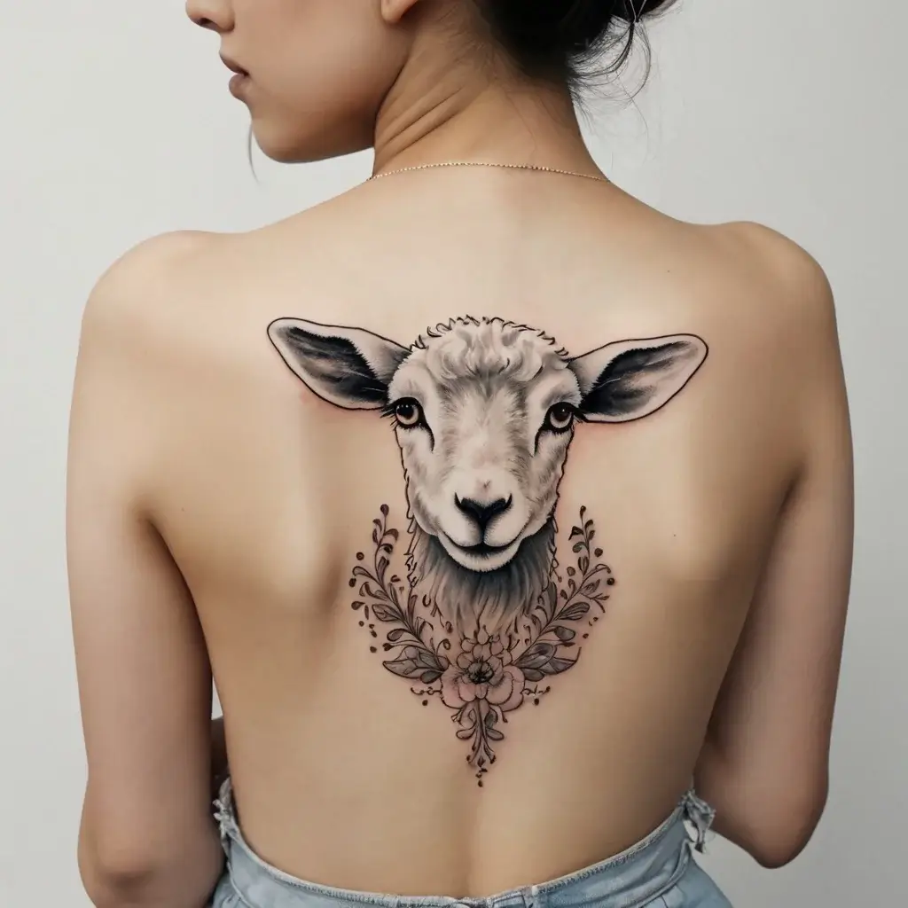 Realistic sheep head tattoo with floral elements, adorning the upper back, blending nature with art in soft hues.