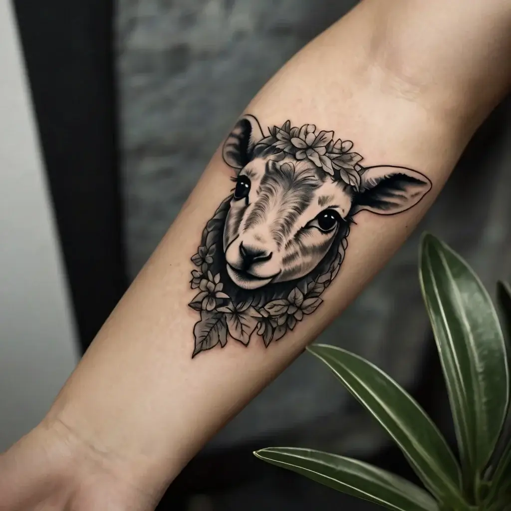 Tattoo of a sheep's head adorned with flowers, blending realism and floral motifs on the forearm for a nature-inspired look.