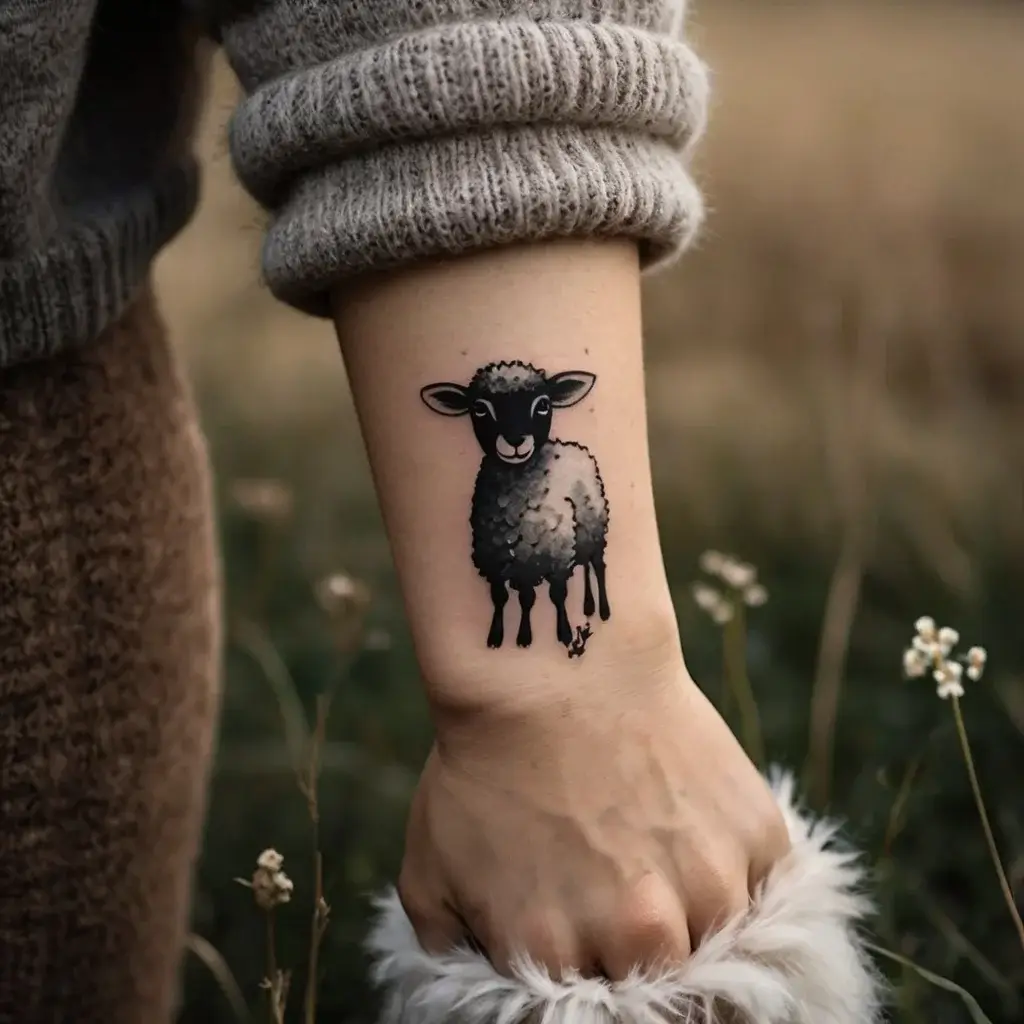 Realistic black sheep tattoo on arm, featuring detailed wool texture and a subtle shadow for depth.