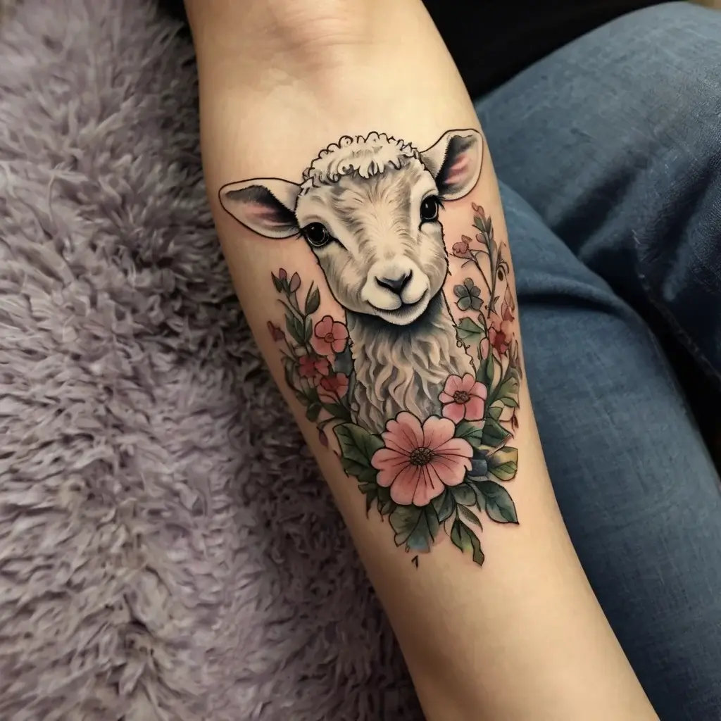 Tattoo of a lamb surrounded by pink flowers and green leaves, symbolizing innocence and nature on the forearm.