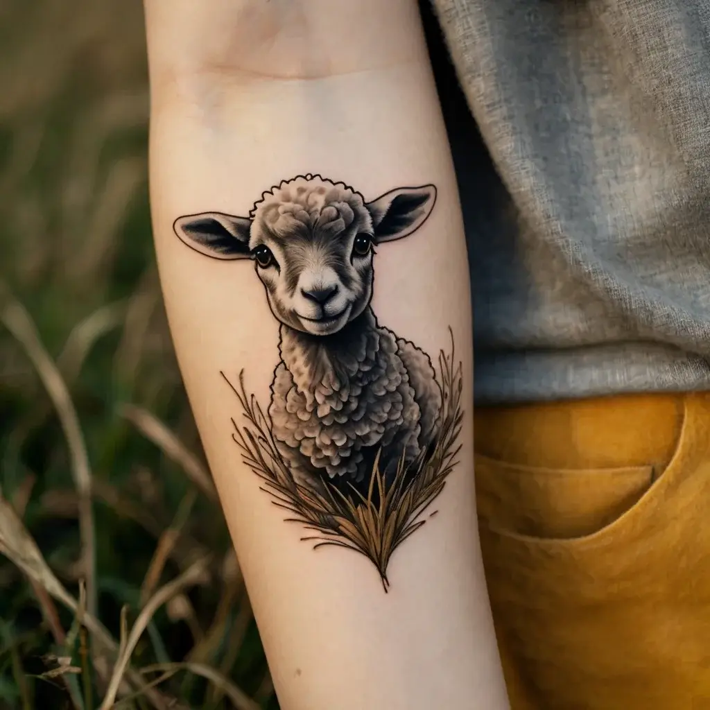 Realistic tattoo of a lamb nestled in grass, expertly shaded with intricate fur details on the inner forearm.