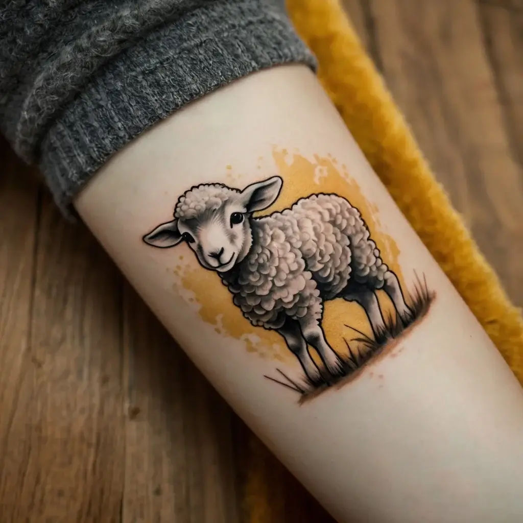 Tattoo of a realistic lamb with detailed wool texture and soft shading on a yellow watercolor background with grass accents.