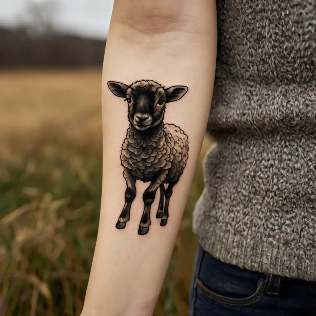 Realistic black and gray tattoo of a lamb with detailed shading on the forearm, symbolizing innocence and peace.